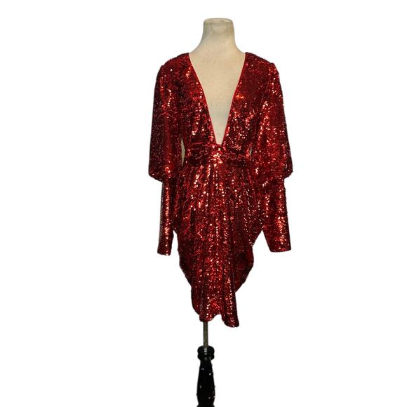 Gabrielle Union red sequins long sleeves deep v neck party dress size medium - Picture 2 of 16